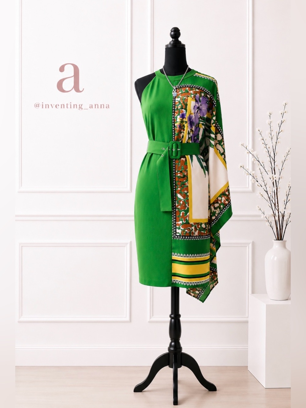 Rich Green Cold Shoulder Belted Dress with Floral Scarf Design on opposite side